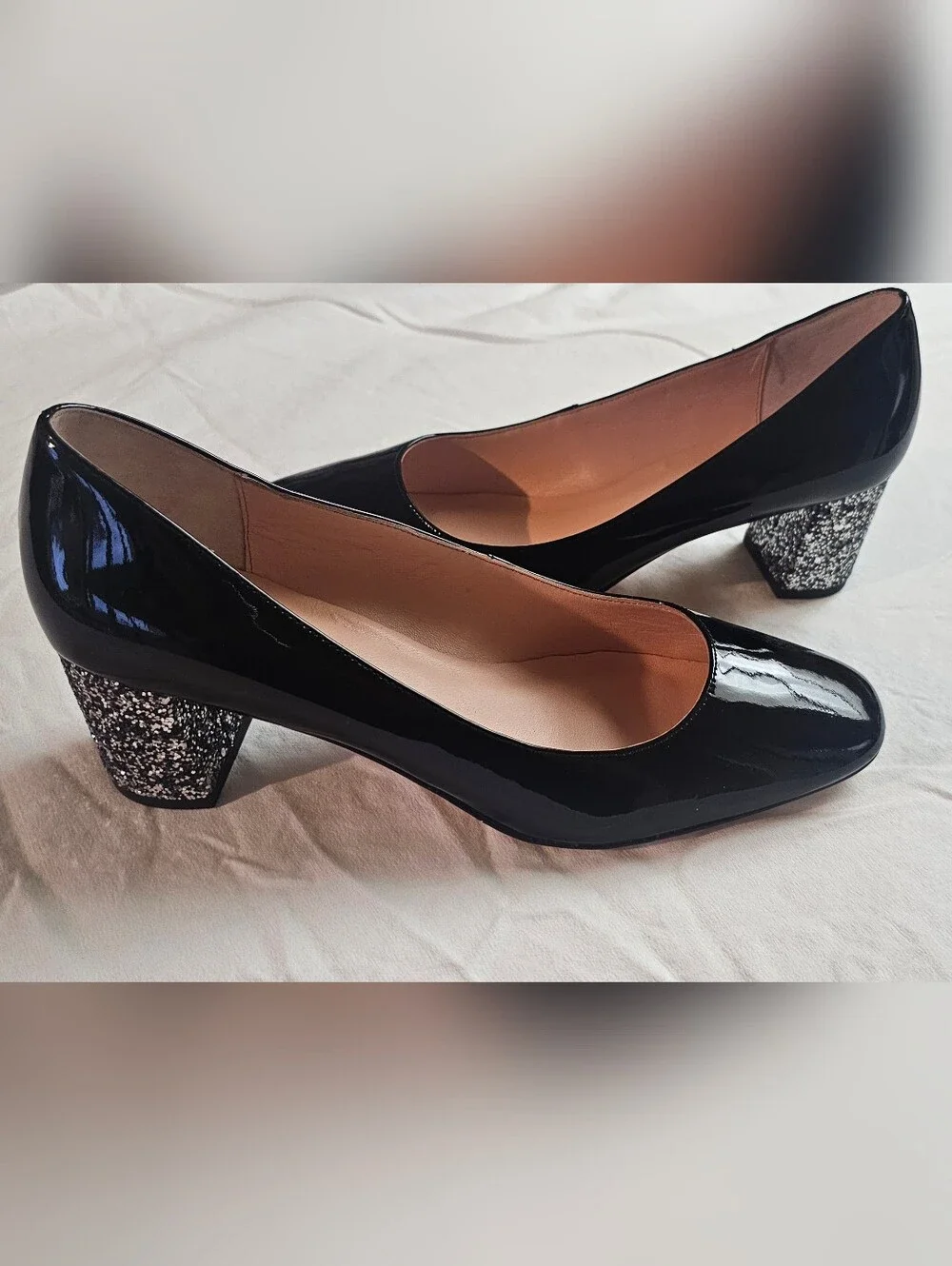 Kate Spade New York Dolores Patent Leather Pumps with Glitter Block Heels